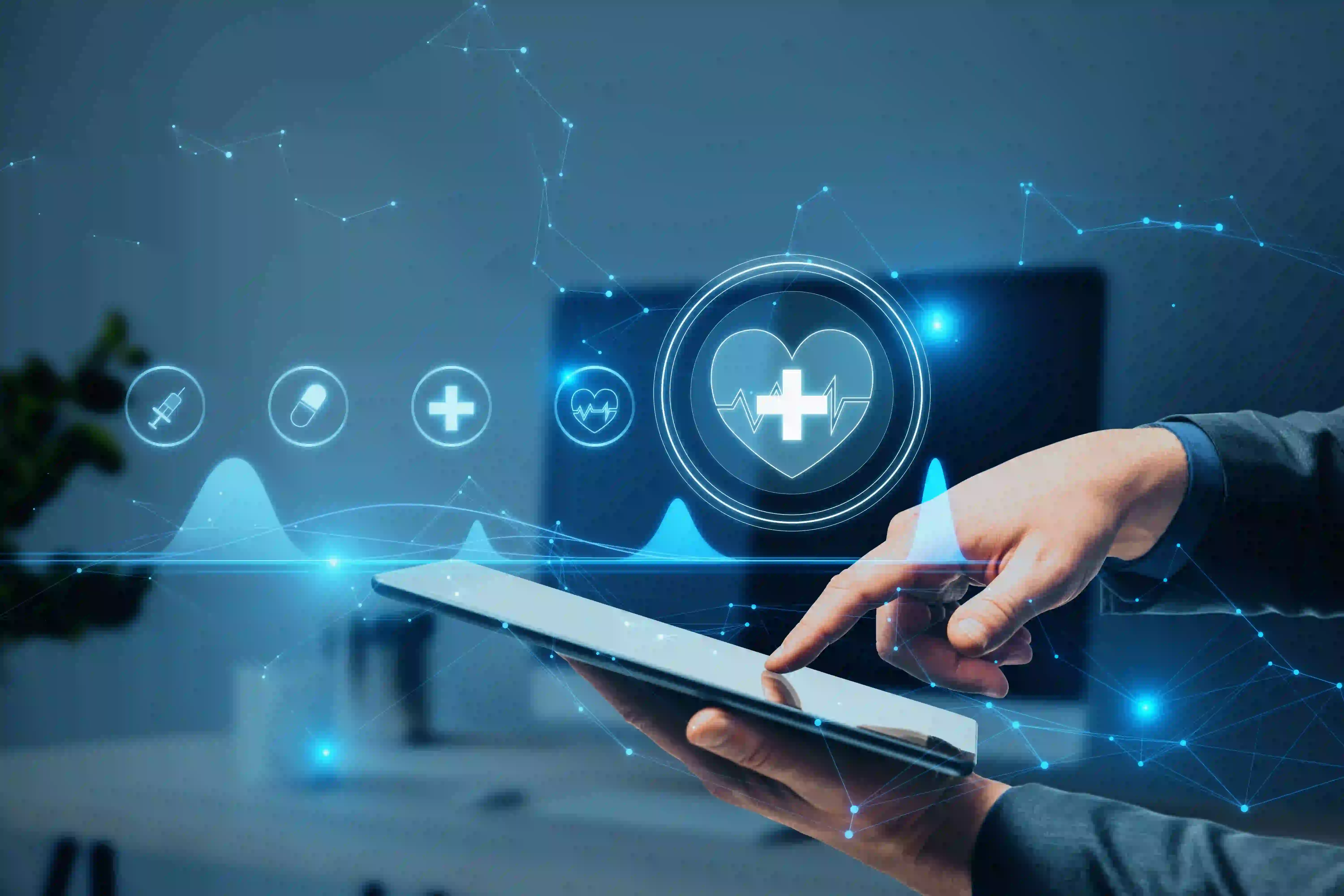  Person using a tablet, interacting with a holographic interface displaying healthcare icons including a heart with a medical cross, a pill, and a medical kit. The image conveys a futuristic digital health concept incorporating intelligent medical billing solutions